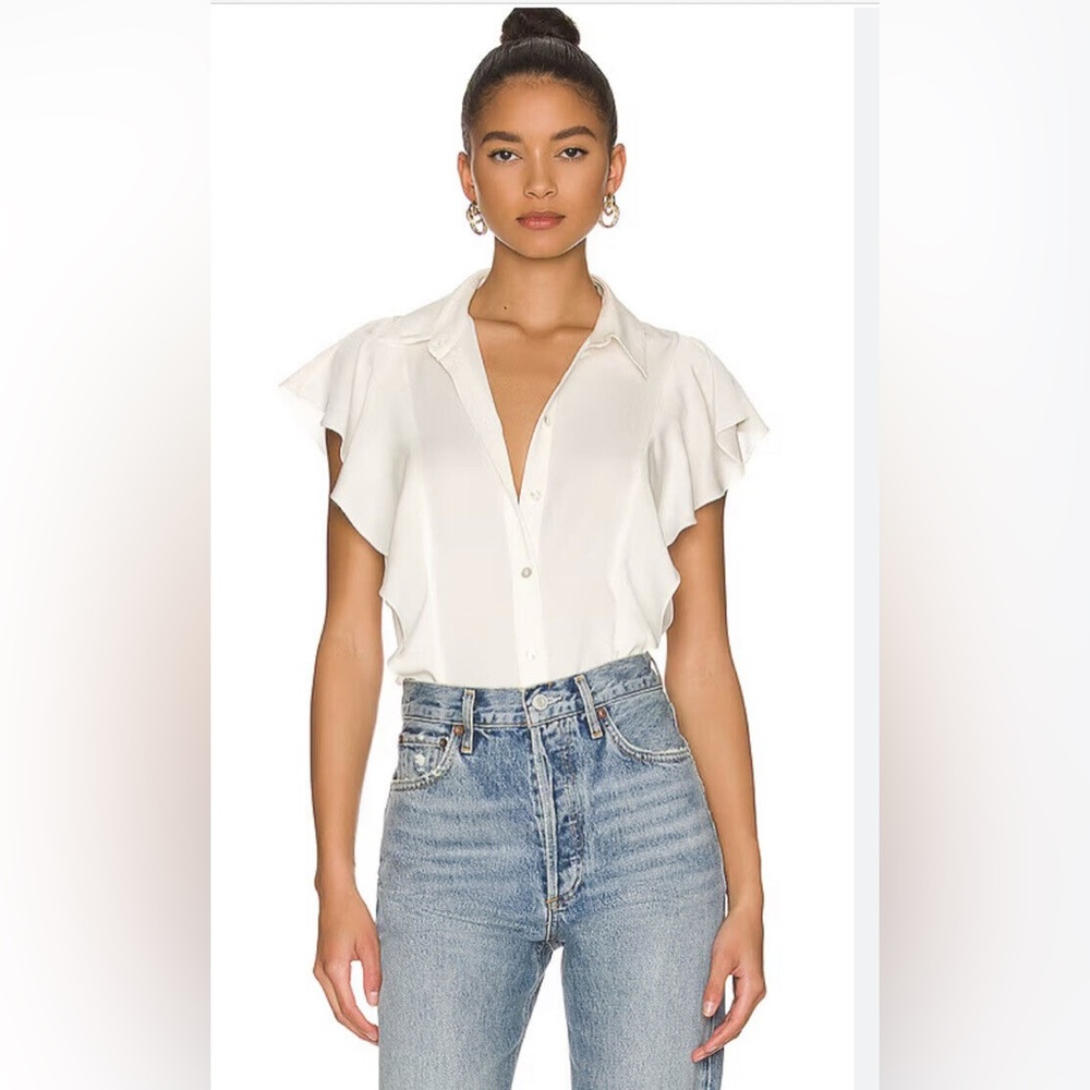 Theory Women’s Ruffled Button Down Shirt in Silk Georgette Ivory Size S